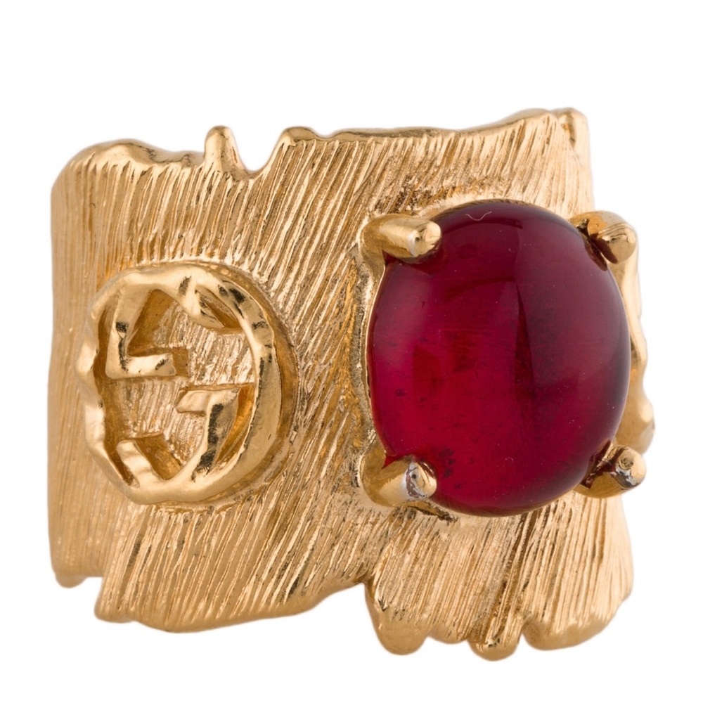 Gucci Resin Textured Interlocking G Band Ring Size 6.75 Red Stone Gold-Tone